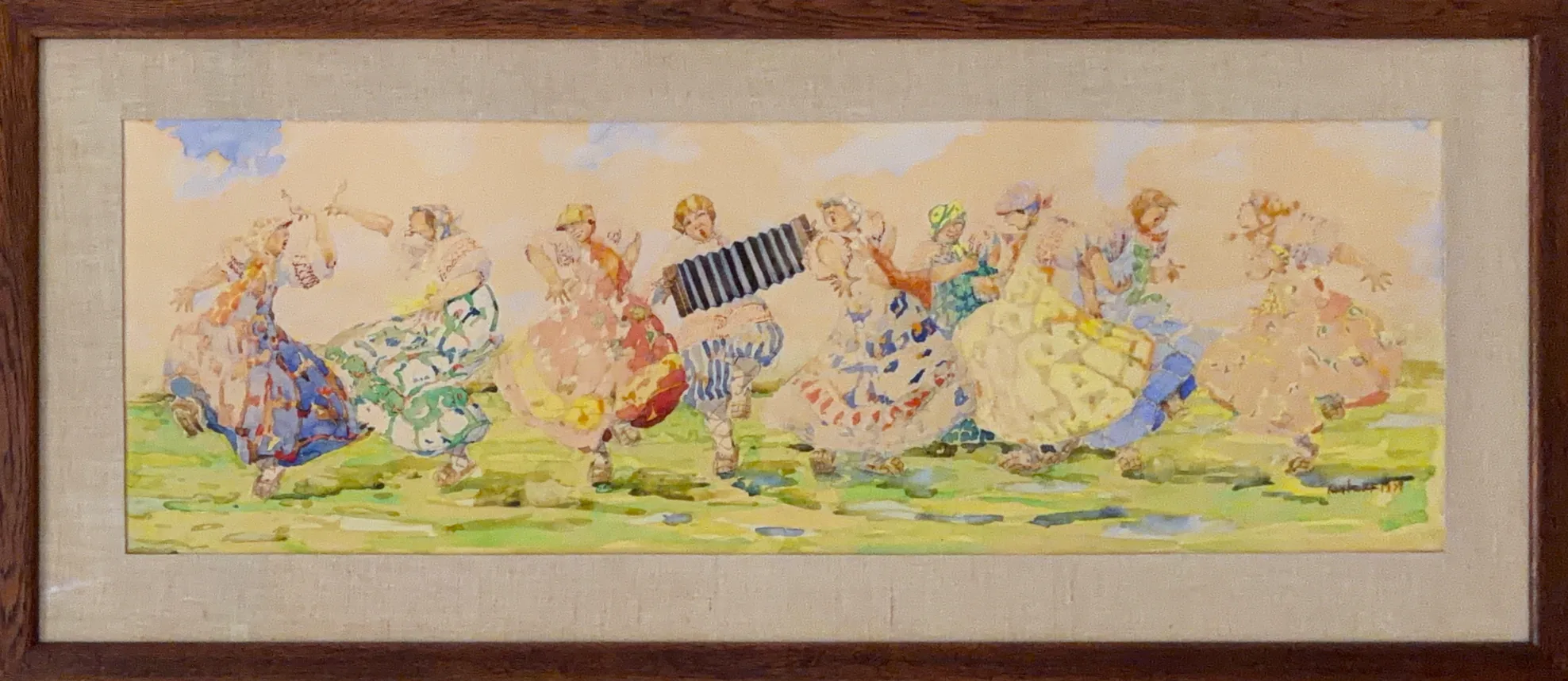 Framed watercolour: a ring of dancers with an accordion player