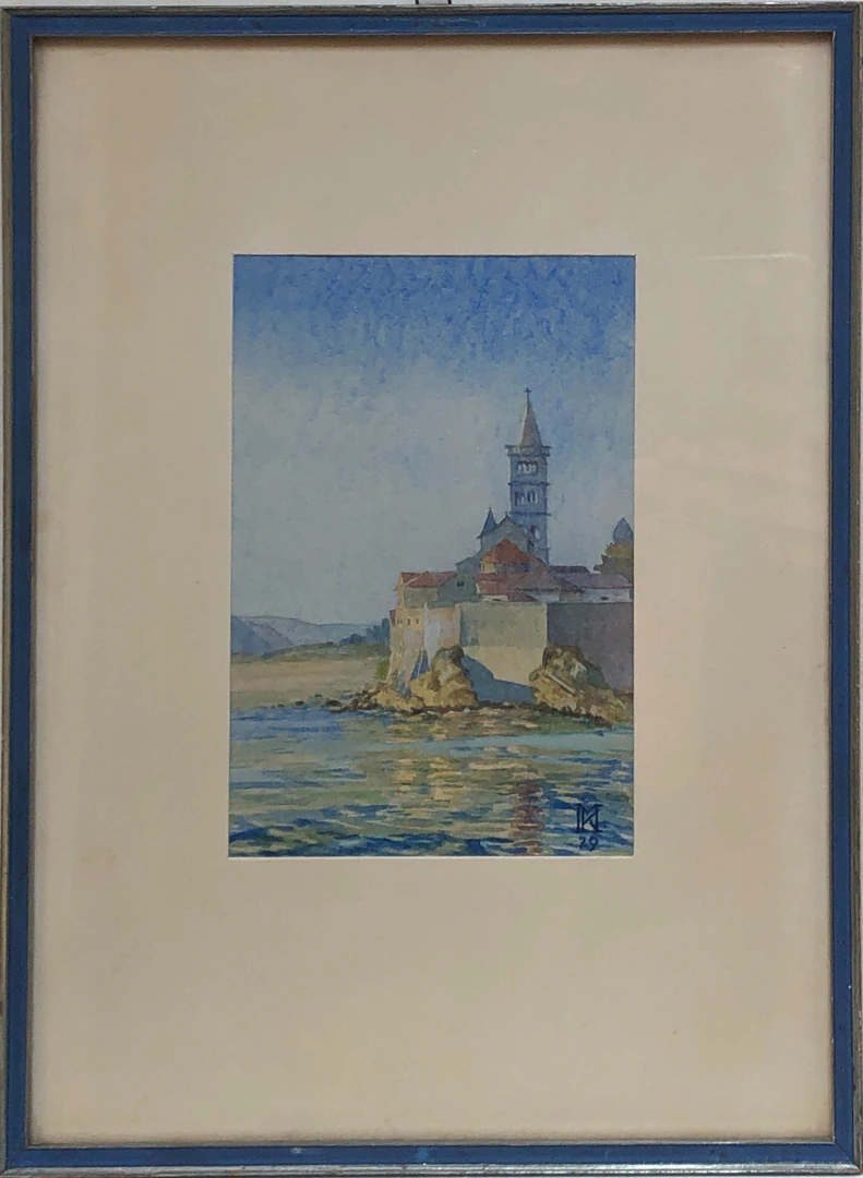 Paesaggio ad acquerello con cittadina costiera (I)