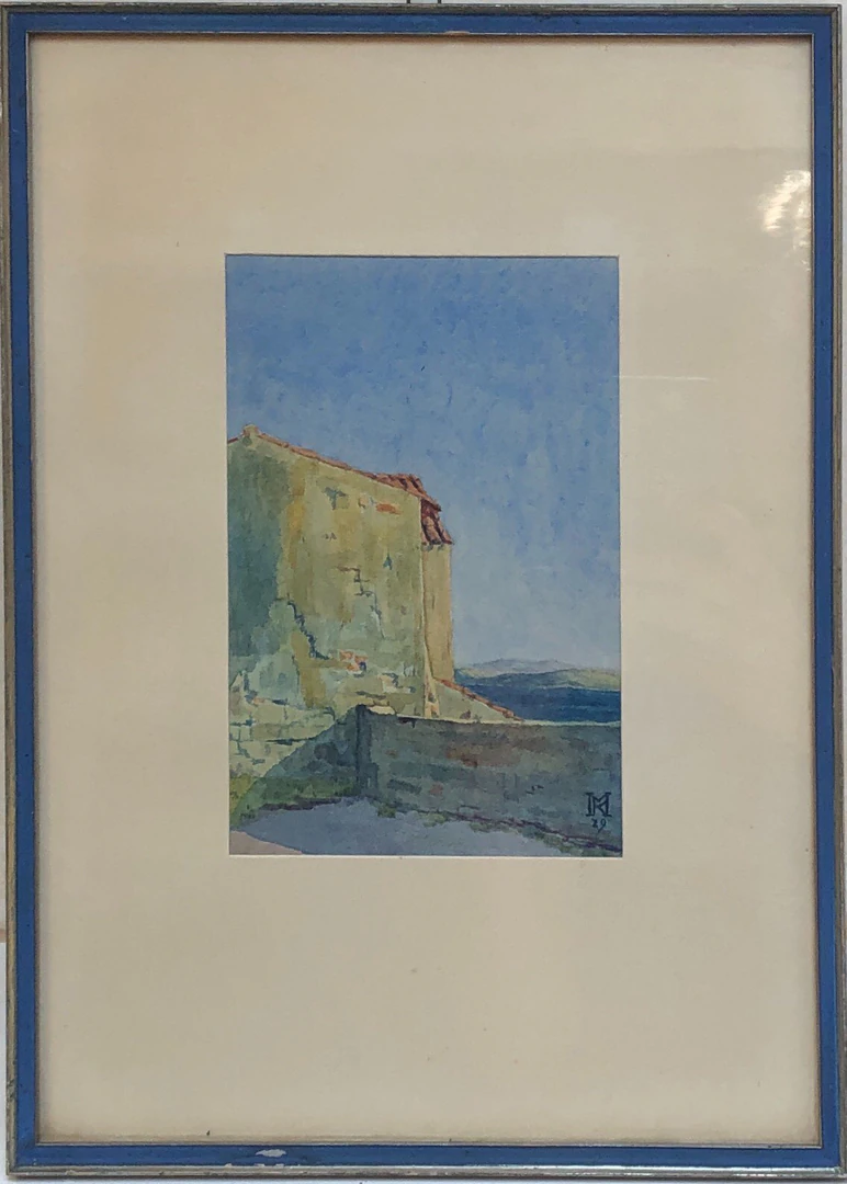 Paesaggio ad acquerello con cittadina costiera (II)