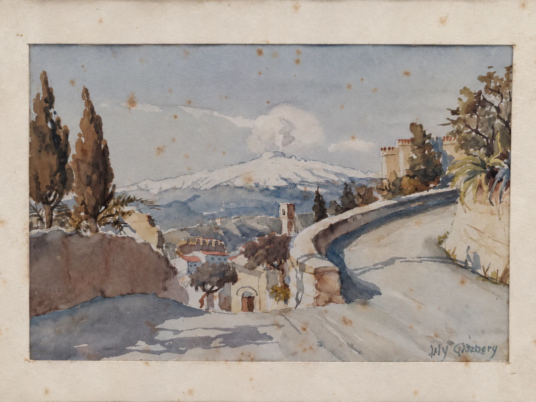 Paesaggio ad acquerello con strada di montagna