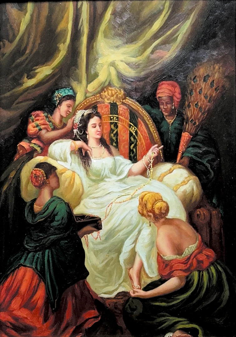 Dipinto orientalista con bellezza orientale e ancelle