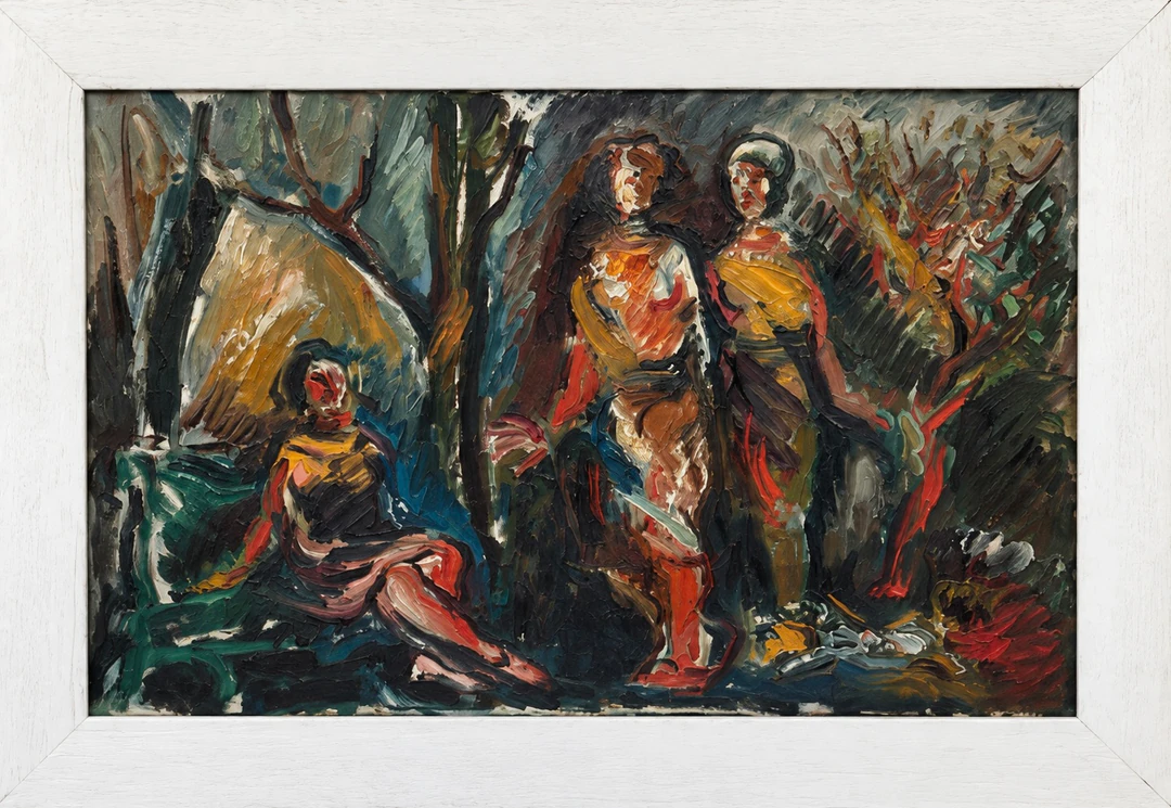 Dipinto con tre figure nude nel bosco