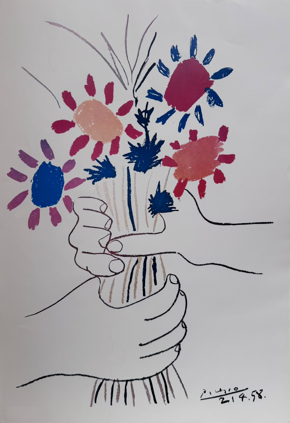 Pablo Picasso, Color lithograph, bouquet of flowers in hand