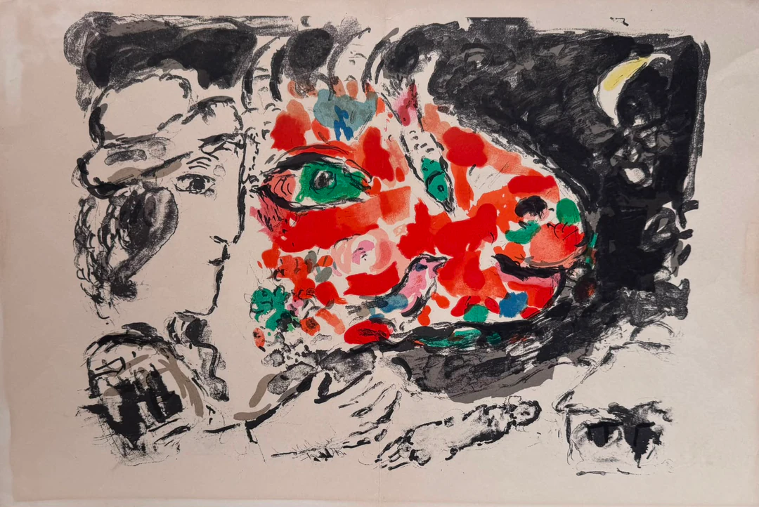 Litografia a colori, doppio profilo femminile