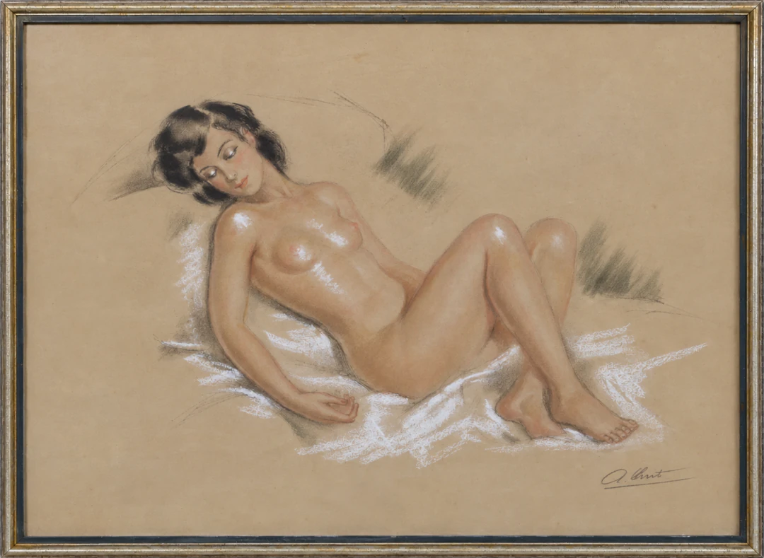 Pastello, nudo femminile su drappeggi bianchi