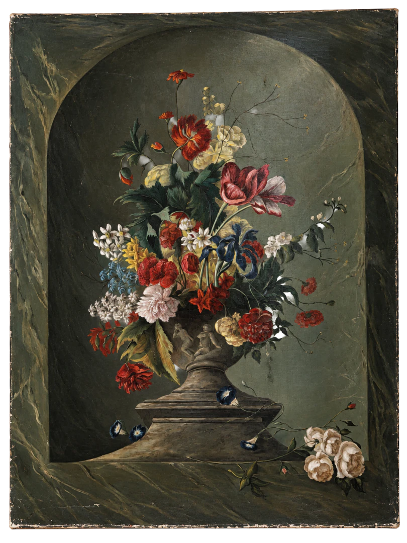 Natura morta con fiori in vaso antico