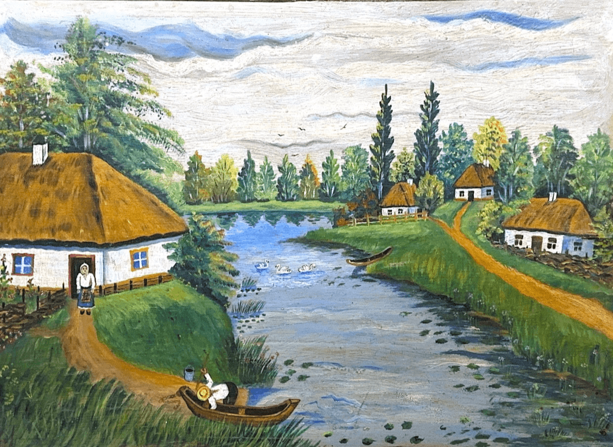 Pittura naive ucraina, Paesaggio con lago: Vista principale