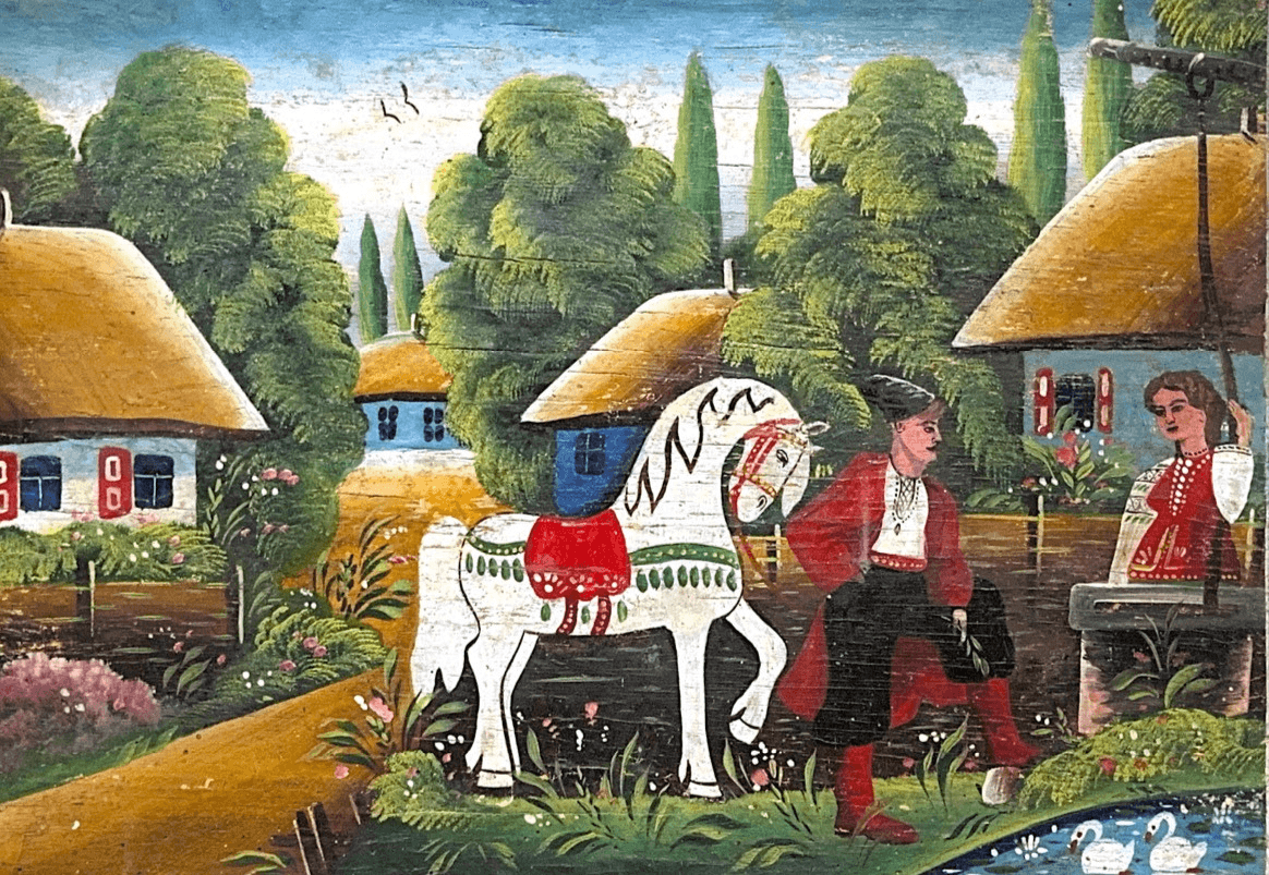 Pittura naive ucraina, Cavallo e villaggio: Vista principale