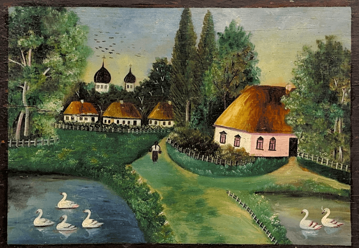 Pittura naive ucraina, Villaggio con cigni: Vista principale
